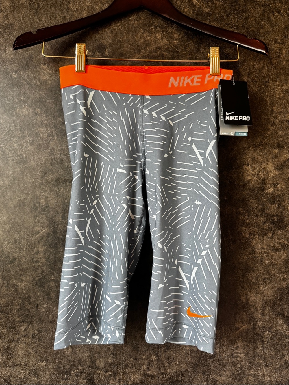 NWT Nike Pro Dri-FIT Long Biker Shorts S Gray Orange Compression
